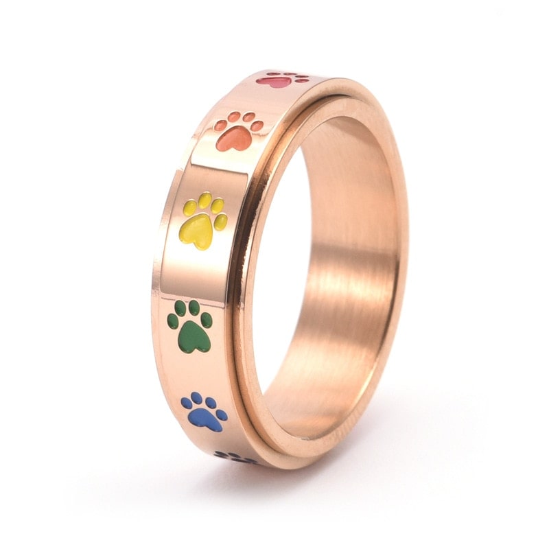 Bague anti-stress anneau tournant Patte De Chat rose gold, anneau tournant orné d’empreintes de pattes de chat multicolores