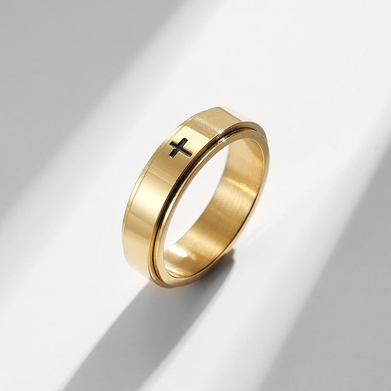 Bague anti-stress anneau tournant Sainte Croix dorée, anneau tournant lisse gravé d’une croix
