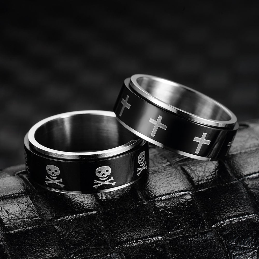 Bague anti-stress anneau tournant Toxique, anneau tournant noir orné de têtes de mort et os croisés