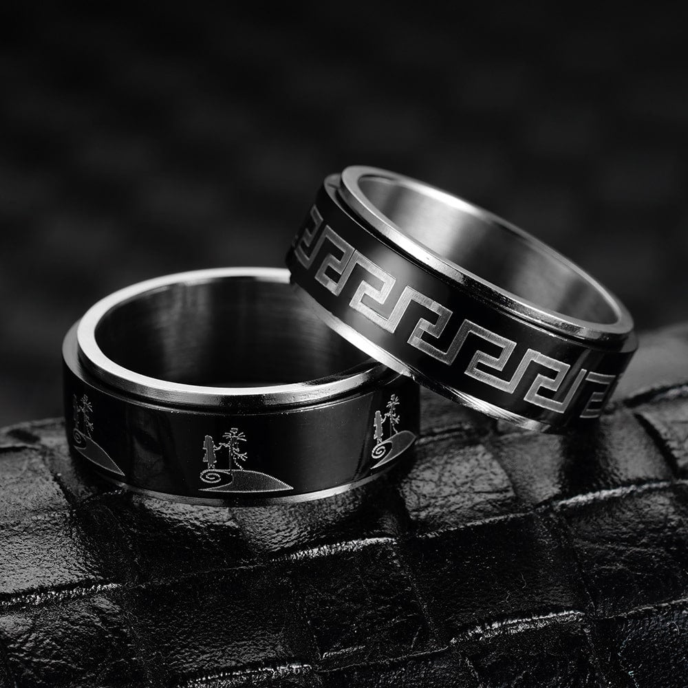 Bague anti-stress anneau tournant Union, anneau tournant noir orné de silhouettes de couple sous un arbre