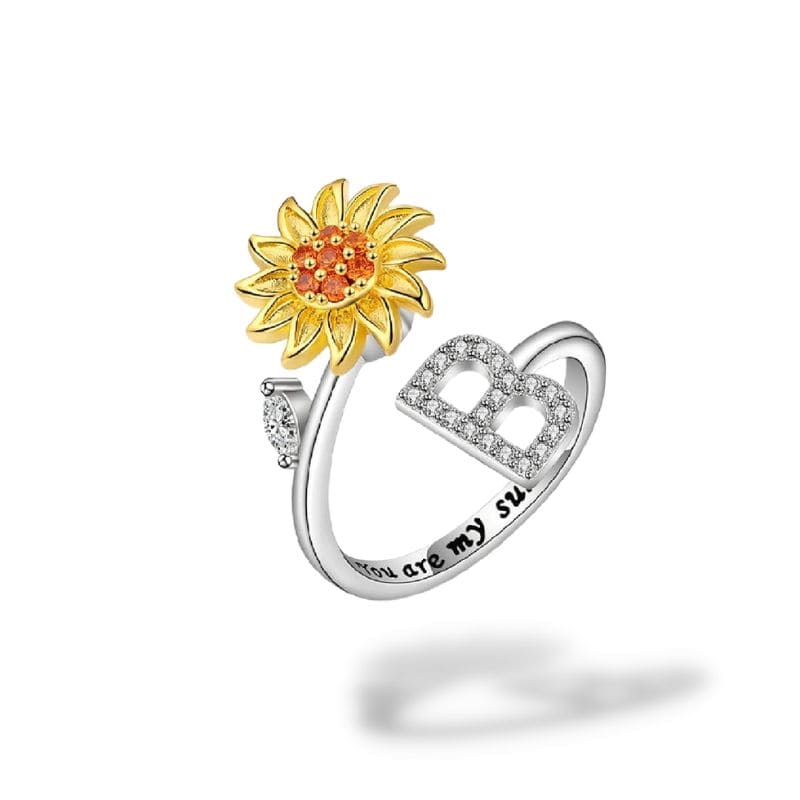 Bague anti-stress rotative Personnalisable, tournesol doré et initiale pavée, gravure you are my sunshine