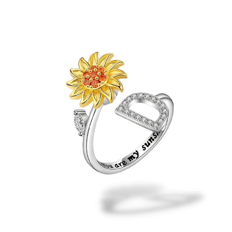 Bague anti-stress rotative Personnalisable, tournesol doré et initiale pavée, gravure you are my sunshine