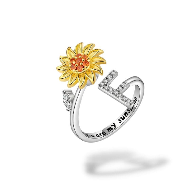 Bague anti-stress rotative Personnalisable, tournesol doré et initiale pavée, gravure you are my sunshine