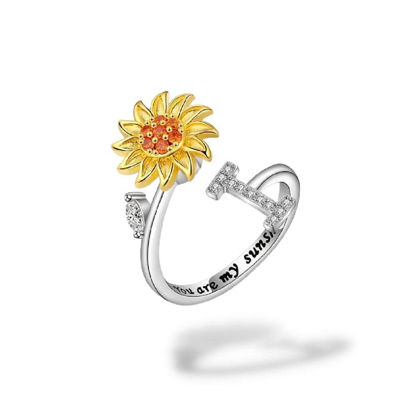 Bague anti-stress rotative Personnalisable, tournesol doré et initiale pavée, gravure you are my sunshine