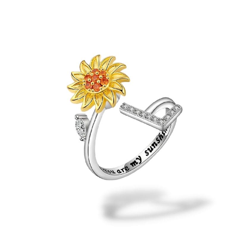 Bague anti-stress rotative Personnalisable, tournesol doré et initiale pavée, gravure you are my sunshine