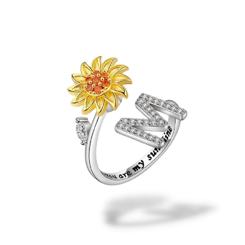 Bague anti-stress rotative Personnalisable, tournesol doré et initiale pavée, gravure you are my sunshine