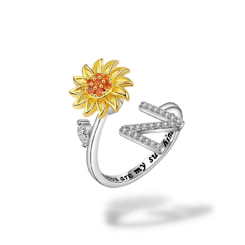 Bague anti-stress rotative Personnalisable, tournesol doré et initiale pavée, gravure you are my sunshine