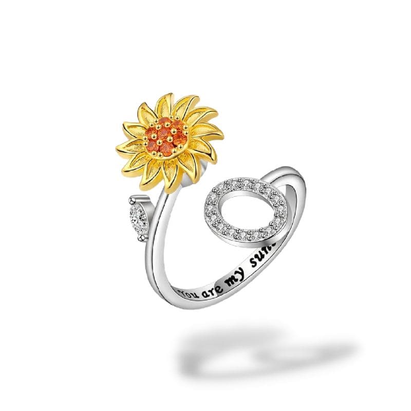 Bague anti-stress rotative Personnalisable, tournesol doré et initiale pavée, gravure you are my sunshine