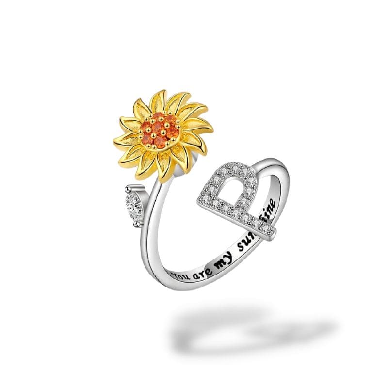 Bague anti-stress rotative Personnalisable, tournesol doré et initiale pavée, gravure you are my sunshine