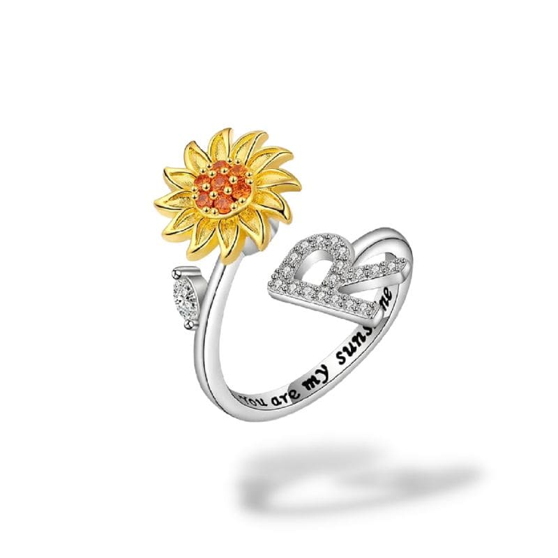 Bague anti-stress rotative Personnalisable, tournesol doré et initiale pavée, gravure you are my sunshine
