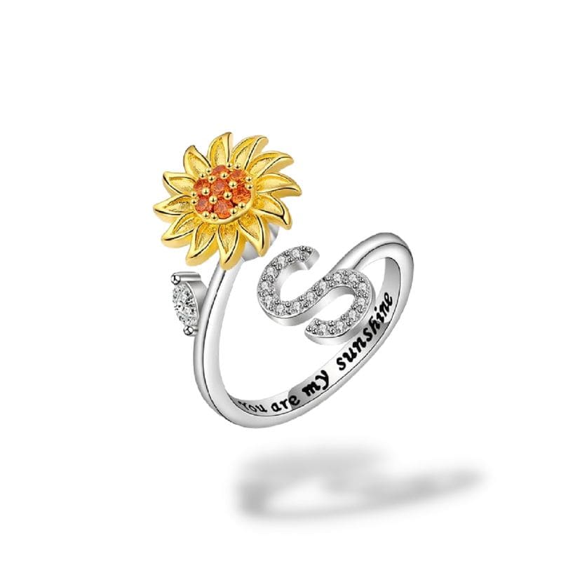 Bague anti-stress rotative Personnalisable, tournesol doré et initiale pavée, gravure you are my sunshine